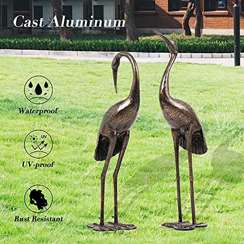 Homefun Crane Statue For Outdoor, Garden Cast Aluminum Sandhill Crane Sculpture Dust Weather Resistant Set Of 2, Antique Bronze #TOP2