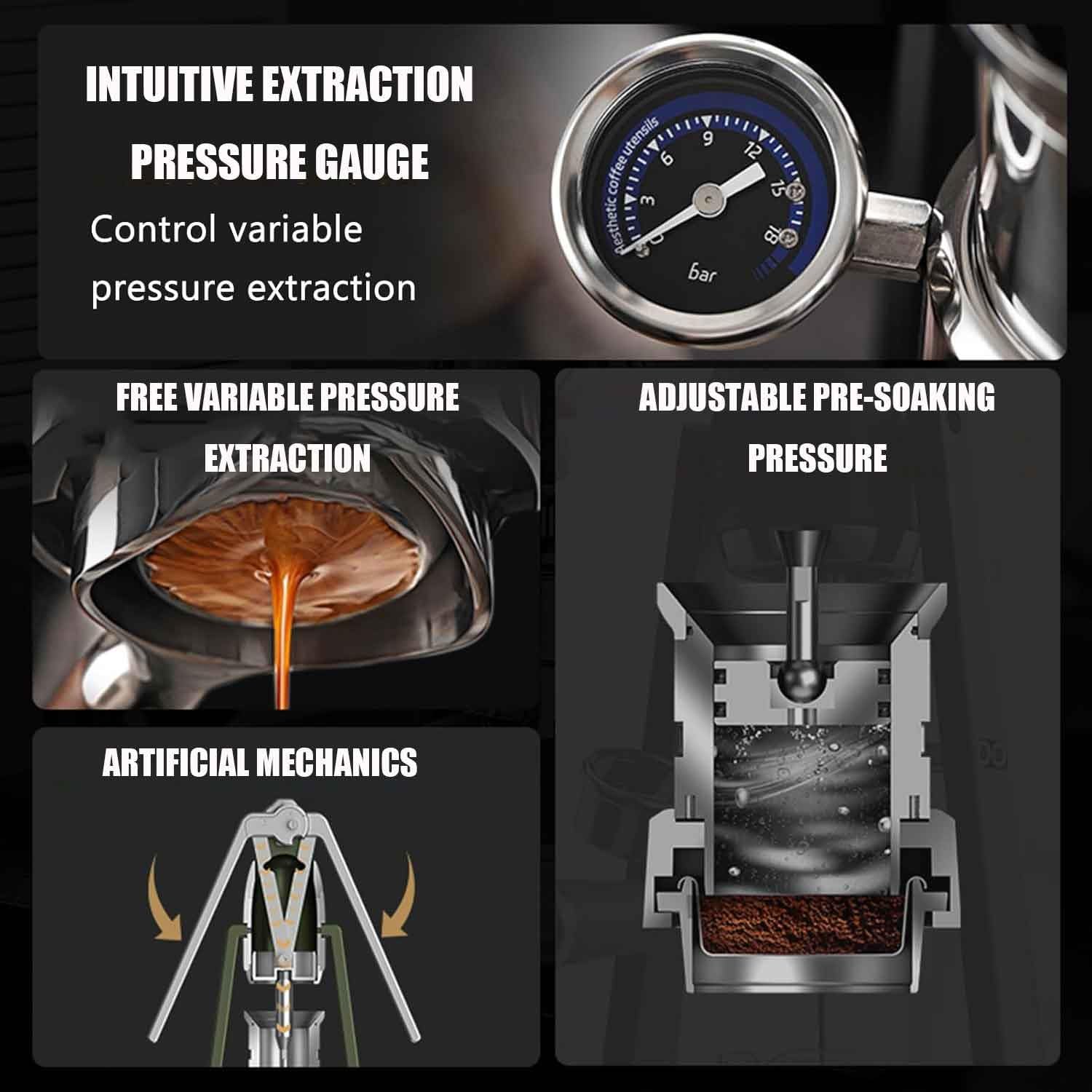 Macchina per caffè Espresso a Leva Manuale con macinacaffè, Macchina per caffè Espresso Manuale a Leva Diretta con Pre-ammollo e Sistema, manometro con visualizzazione in Tempo Reale, macch