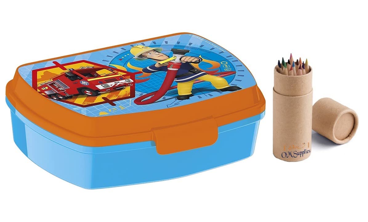 OM SUPPLIES Sandwich Lunch Snack Box Kids Children School Includes Half Size 12pcs Pencil Set (Fireman Sam)
