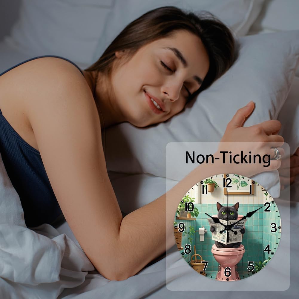 CHGCRAFT Funny Toilet Cat Pattern Wall Clock 12 Inch Non-Ticking Clocks Round Wall Hanging Clock Battery Operated for Bedroom Living Room Kitchen Office