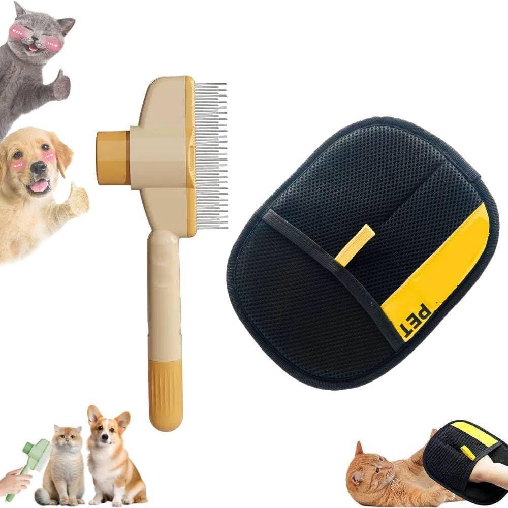 Electrostatic Pet Hair Remover Glove and Pet Hair Removal Comb,Reusable Cat and Dog Grooming Glove and Self-Cleaning Flea Comb for Cats and Dogs (Glove + Yellow Comb)