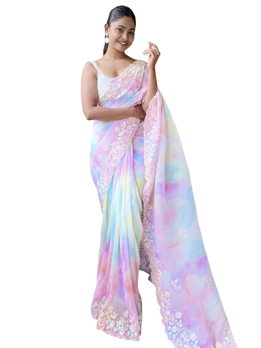 AKHILAMWomen's Lavendar Georgette Sequins Embellished Saree with Unstitched Blouse Piece