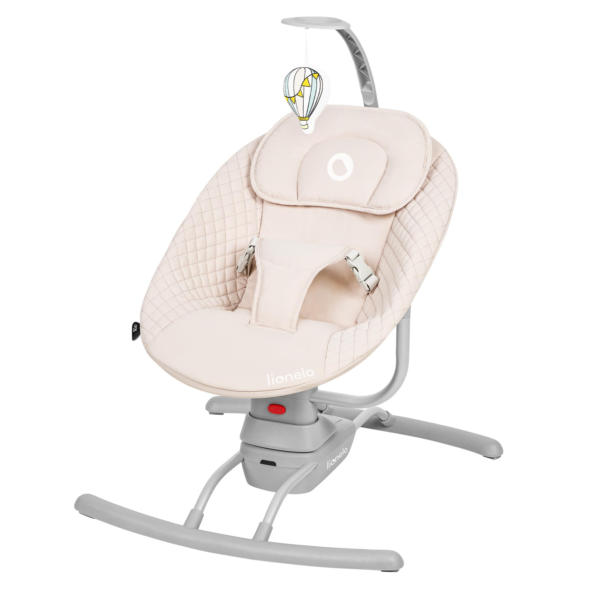 LIONELO RIO Transat Balancelle Électrique pour Bébés jusqu'à 9 kg Dossier Réglable, 3 vitesses de Balancement, Coussin, Sangles de Sécurité, Mélodies et Sons de la Nature, Bâtonnet pour Jouet, Légère