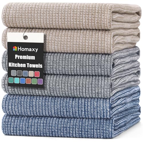 Homaxy Premium Kitchen Towels(18”x 28”, 6 Pack), Large Cotton Kitchen Hand Towels, Flat and Terry Dish Towels, 380 GSM Highly Absorbent Tea Towel Set with Hanging Loop, Multicolor