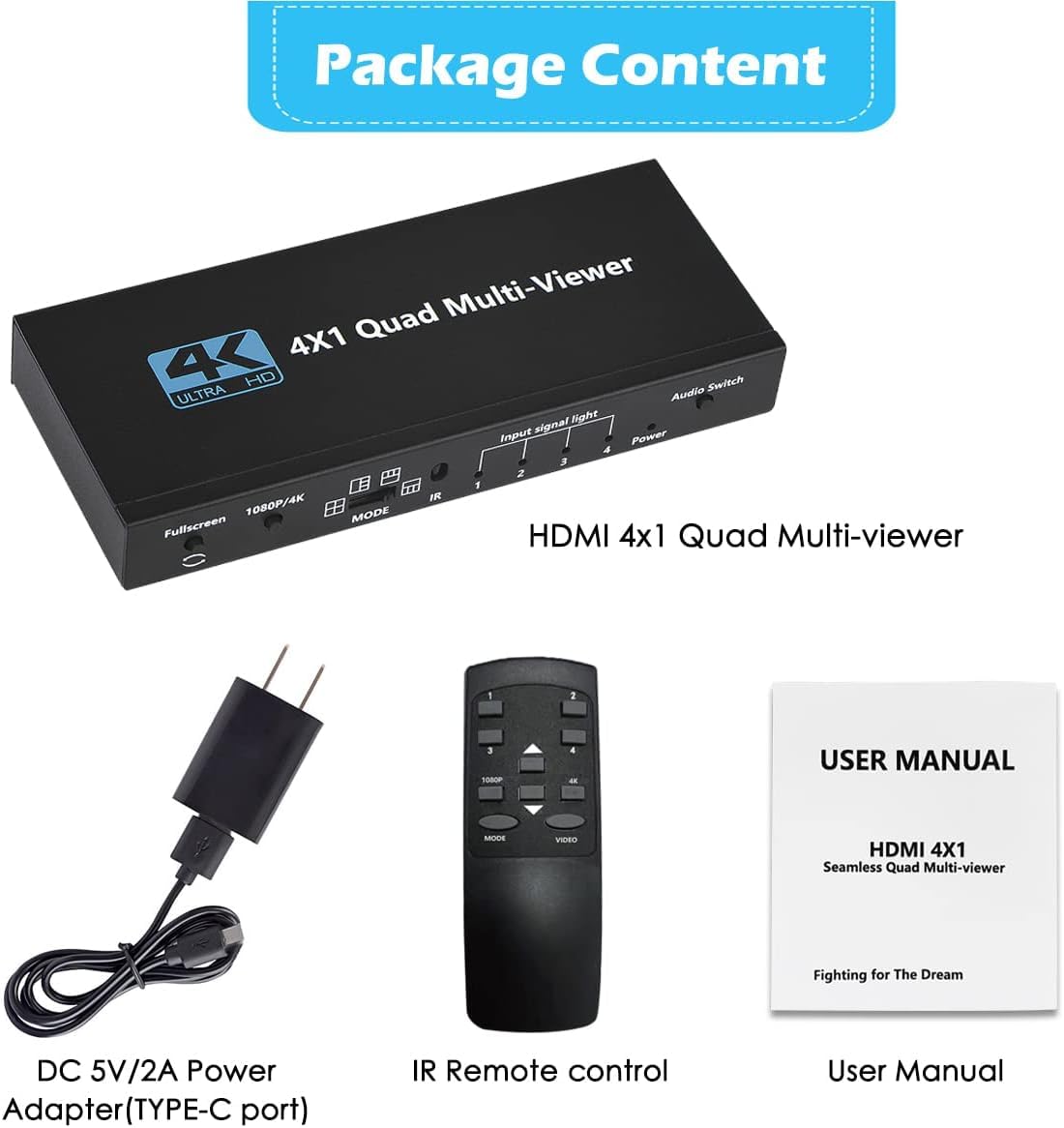 Commutateur HDMI Multiviewer 4x1 4K sans couture, 4 en 1, télécommande infrarouge, support 4K Full HD et 5 modes d'affichage pour consoles de jeu, caméra de sécurité, PS4, PC