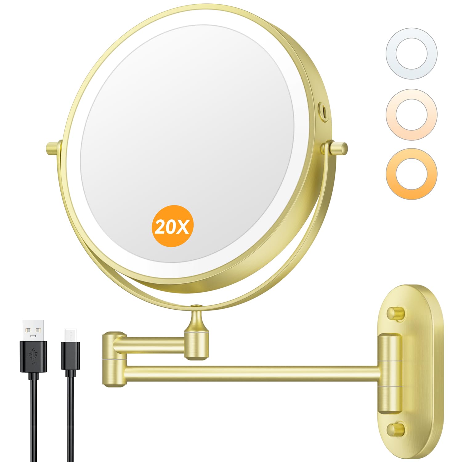 Photo 1 of Auxmir 8'' Wall Mounted Lighted Makeup Mirror, 3200mAh Rechargeable Double-Sided 1X/20X Magnifying Mirror with Light, Touch Dimmable 3 Color Light, 360° Rotation Foldable Extended Arm, Gold