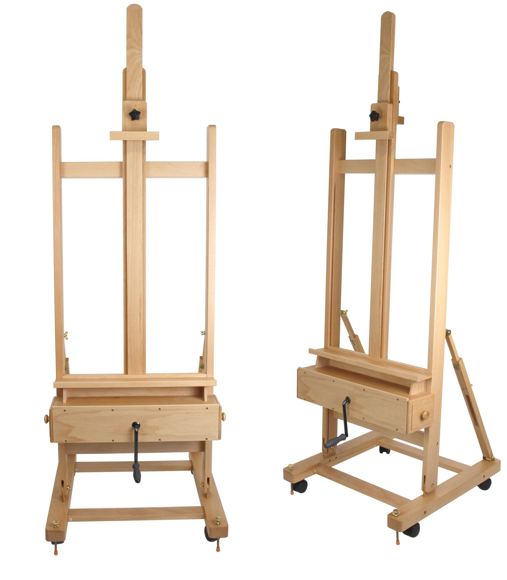 Paintersisters Atelier-Staffelei mit Kurbel, Buchenholz FSC® – Studiostaffelei bis 210 cm, höhenverstellbar 50-120 cm, für Keilrahmen bis 40 kg, Profi-Staffelei für Künstler & Ateliers