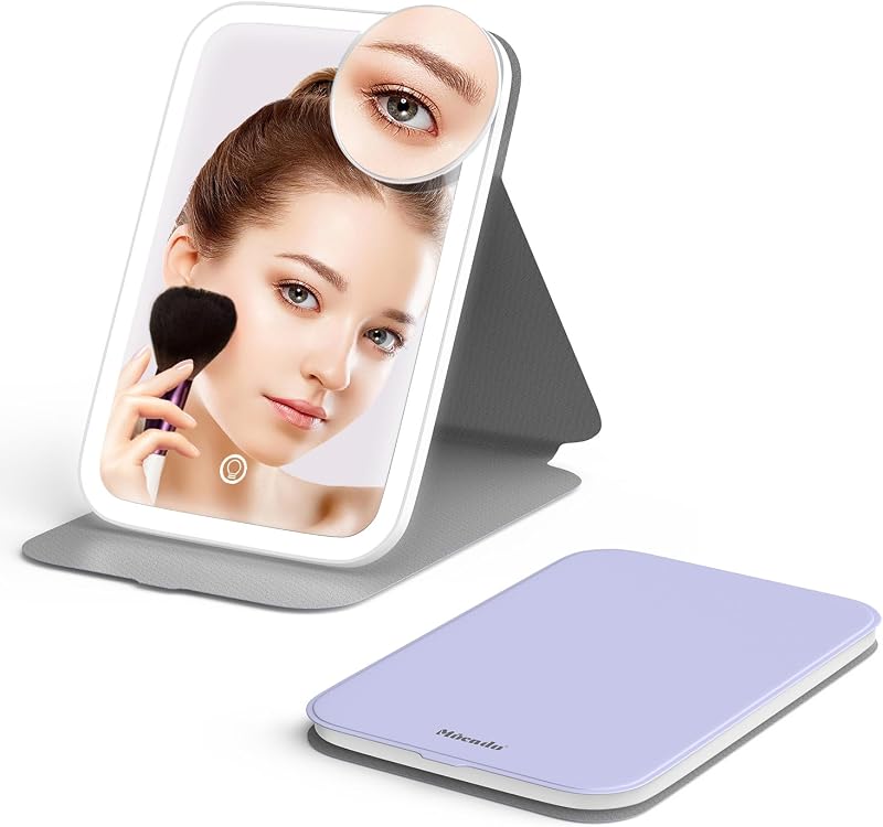 Espelho compacto de maquiagem Mocado com iluminação LED, rotação de 360°, ampliação 10x e 3 cores de luz, roxo