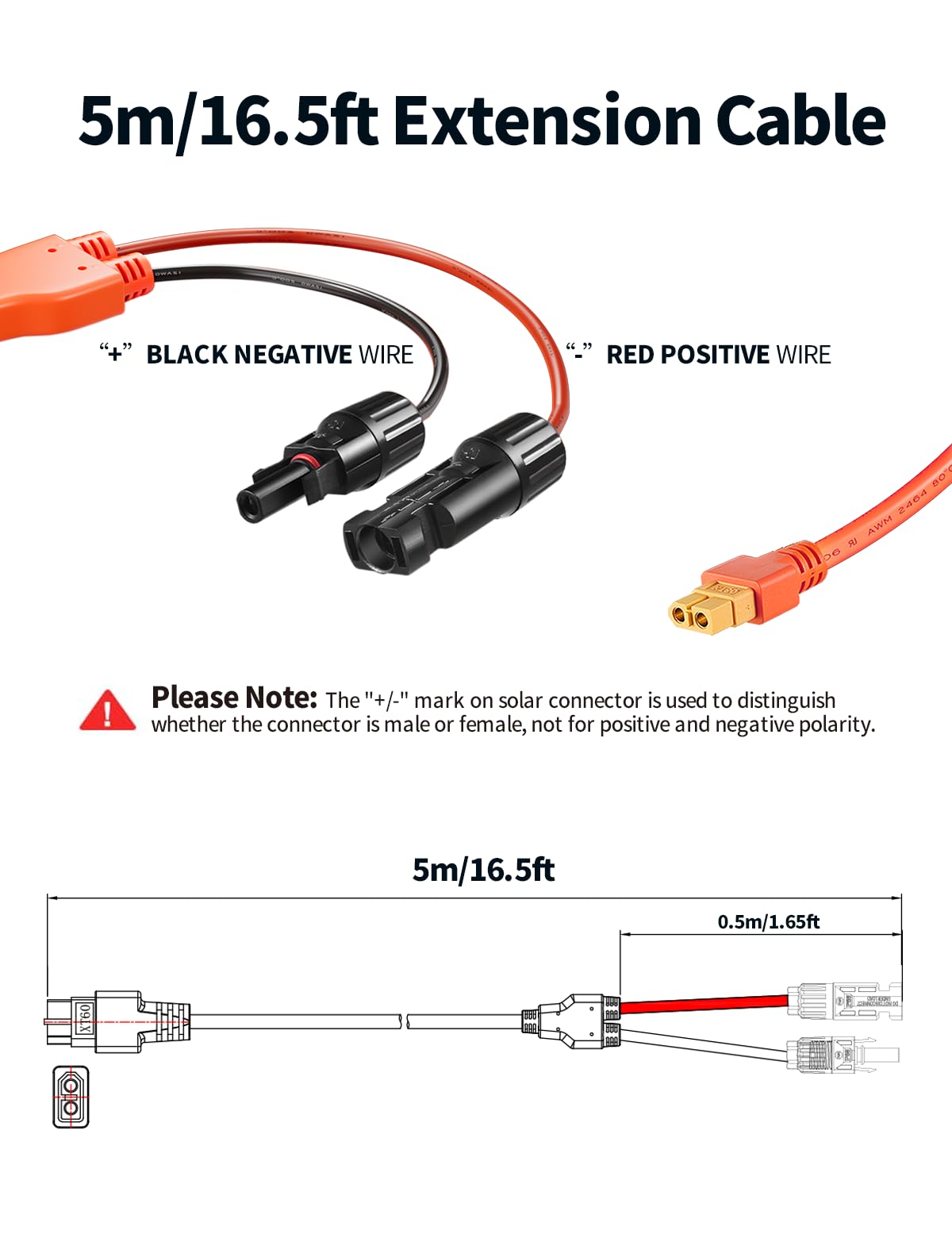 Cavo solare con connettore XT60, cavo per pannello solare da 5 metri, cavo di ricarica solare, cavo solare, 12 AWG, compatibile con EF DELTA 2 e River Pro MAX Powerstation 757, pannello solare