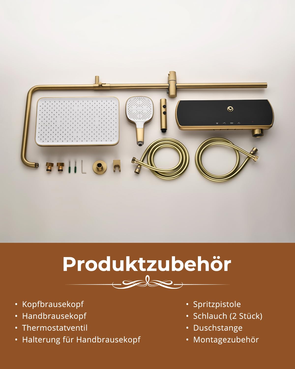 System prysznicowy ze szczotkowanego złota z termostatem, 4-funkcyjna bateria prysznicowa z dużą głowicą prysznicową 350 x 220 mm, wylewką wanną, pistoletem natryskowym, słuchawką prysznicową