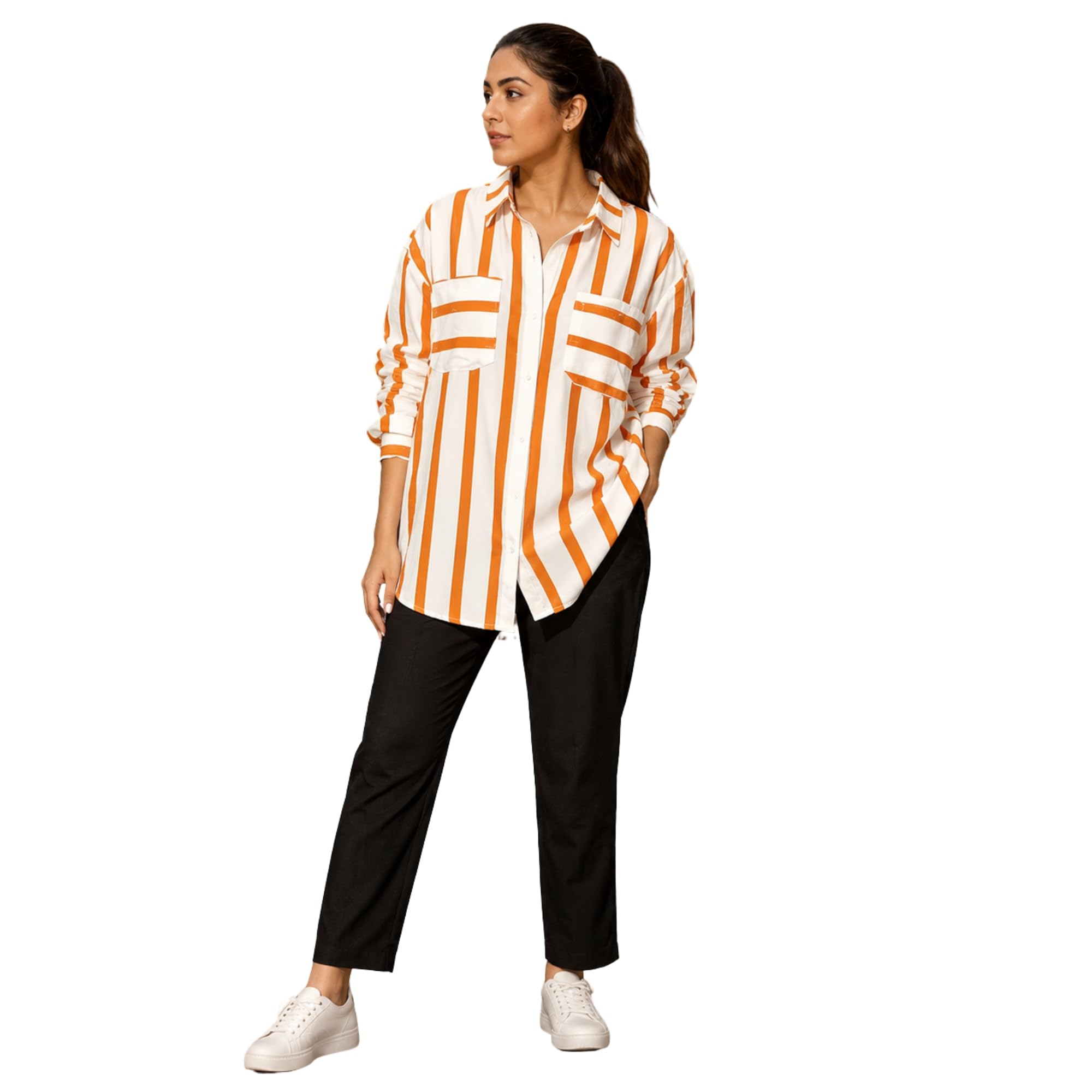 Premium Cotton Striped Shirt for Women Relaxed Fit Button Down Casual Wear Long Sleeve Vertical Stripe Tops for Office Brunch and Travel-picture-30