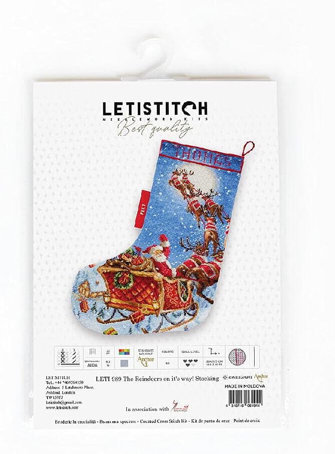 Letistitch Cross Stitch Set Christmas Stocking The Reindeer on The Go Counted Pattern 38 x 25.5 cm, multicoloured, 38x25,5cm - Image 3