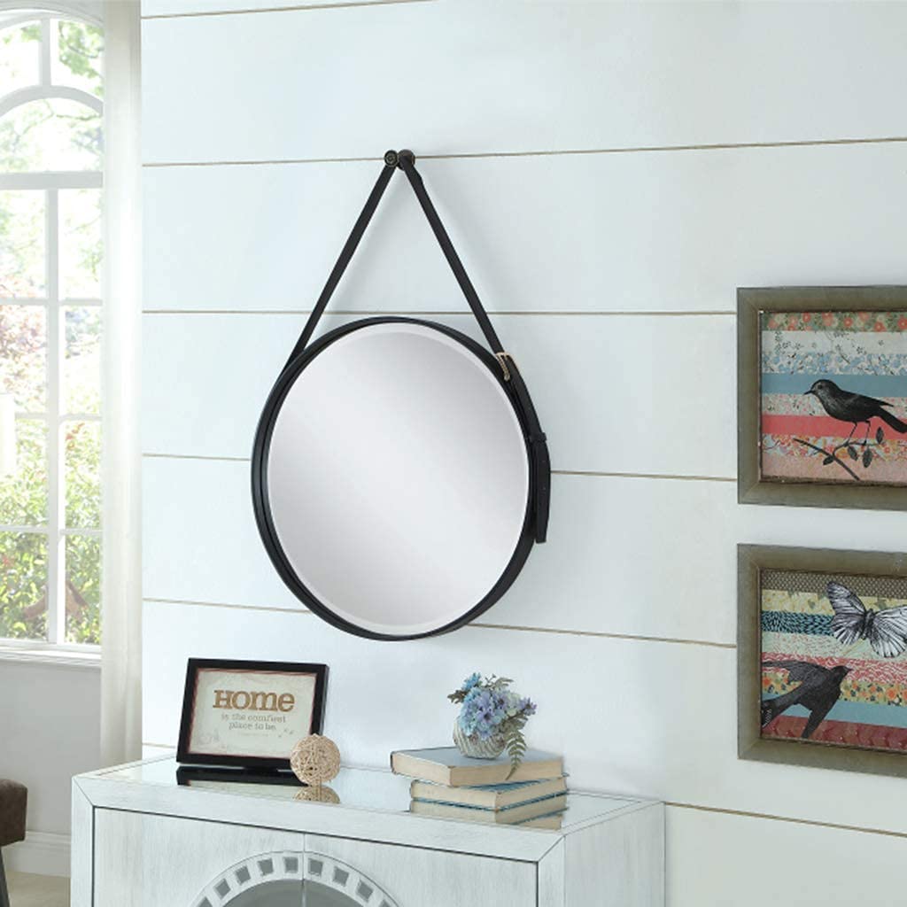 Specchio for Il Trucco Specchio for Il Bagno Specchio da Tavolo Specchio Rustico con Accento Appeso Rotondo con Cinturino in Pelle Regolabile Specchio da Barba Decorativo/Nero/60Cm