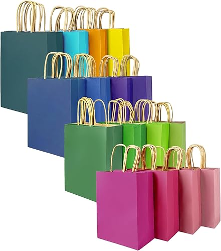 qiqee Paquete de 32 bolsas de papel con asas a granel de 7.6 x 4.75 x 10.5 pulgadas, bolsas de regalo medianas de 16 bolsas de diferentes colores