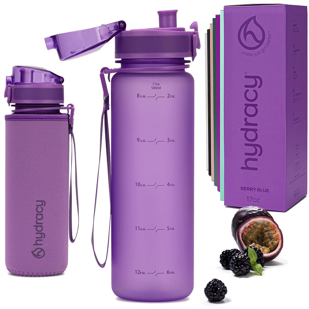 Hydracy Water Bottle with Time Marker -Large BPA Free Water Bottle & No Sweat Sleeve -Leak Proof Gym Bottle with Fruit Infuser Strainer & Times to Drink -Ideal for Fitness Sports & Outdoors