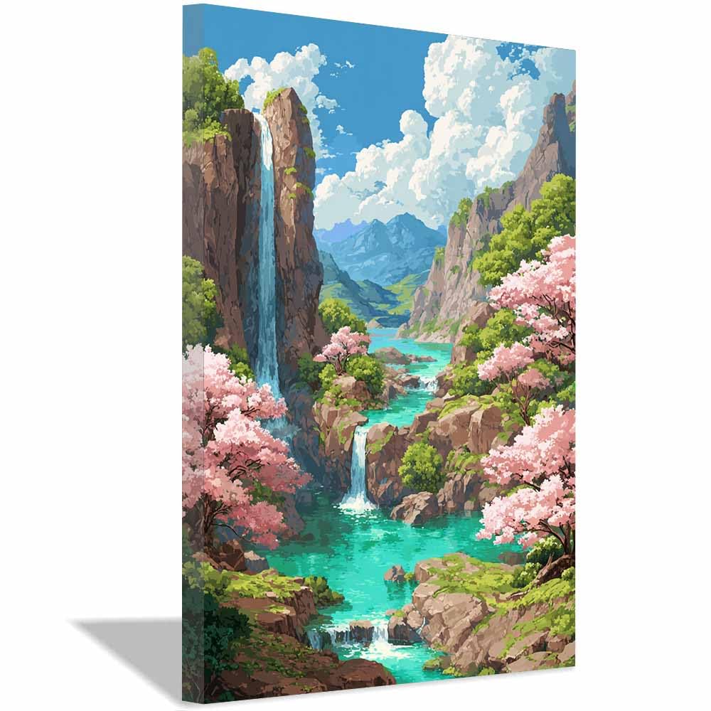 HOQIU Beautiful wall art Waterfall Blossoms Valley canvas artwork for wall, art prints, For living room, bedroom, bathroom, dining room, painting and decor.(Multicolor)-70x100cm Framed