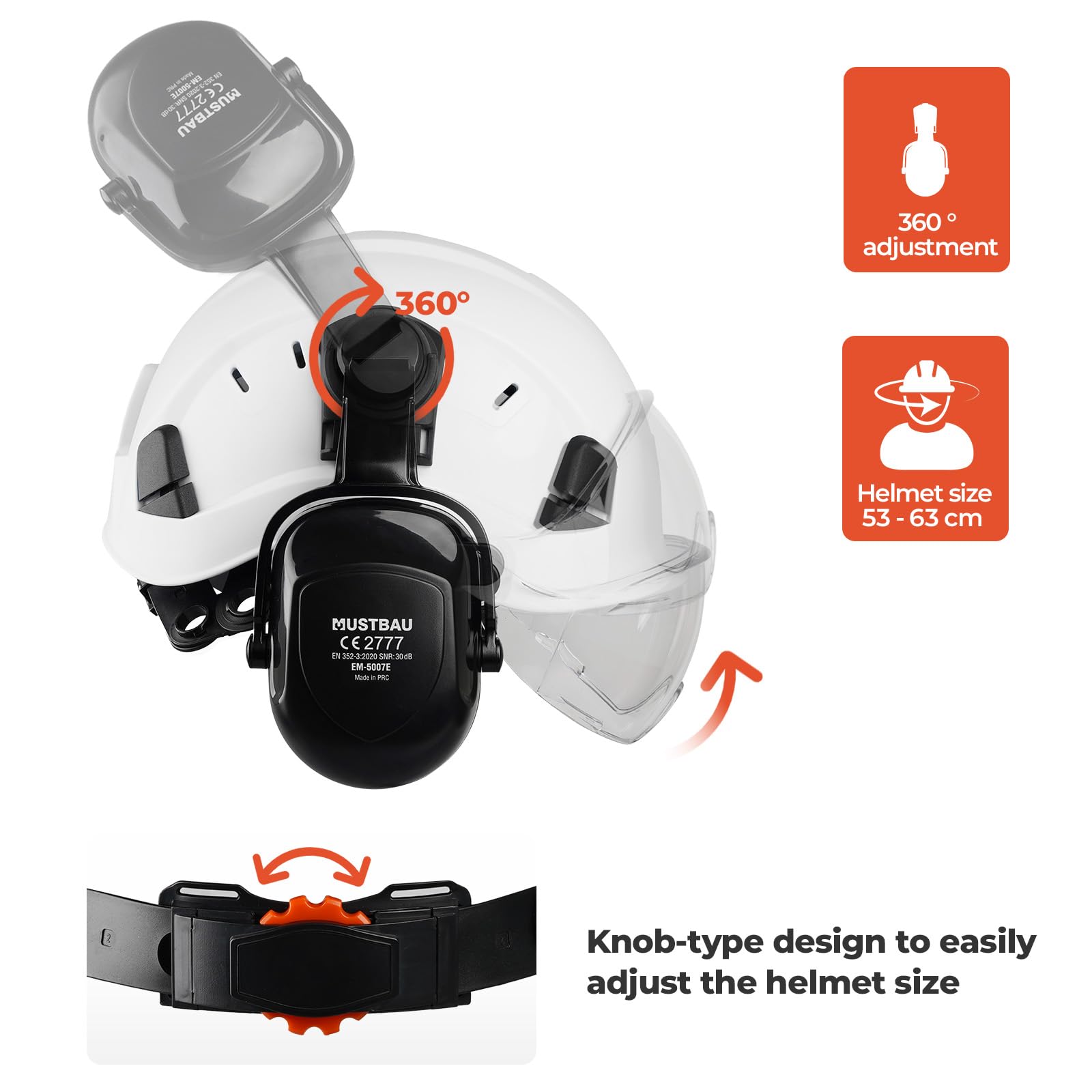 Casque de Sécurité, Casques de Protection EN397 avec Coquilles Antibruit et Visière, 53 à 63 cm Tour de Tête Réglable, Matériau ABS Résistant pour Hommes Femmes