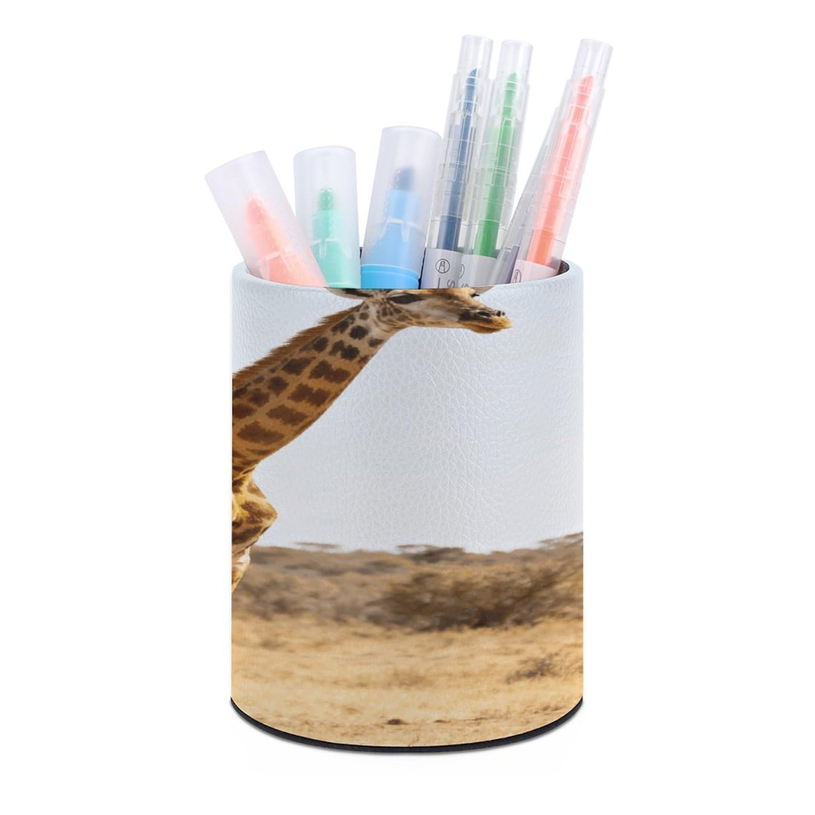 VstaDank Giraffe Pen Holder Round Pencil Holder Cup Pen Container PU Leather Desk Organizer Stand Decor Brush Scissor Holders Decoration Office Desk Home (3.1 X 3.9 Inches)