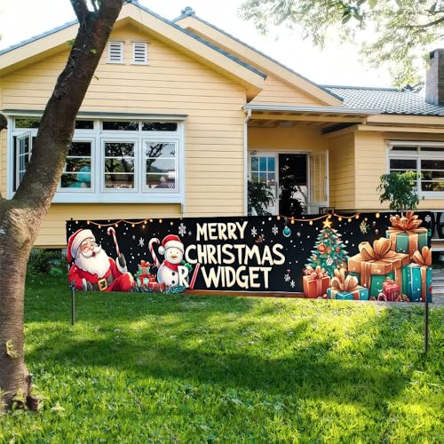 Image of Santa Gift Tree Banner 78.7 x 17.7 Inch Christmas Tree and Presents Scene on Dark Background Holiday Decoration for Yard Garden Fence Porch Patio or Outdoor Display Great for Winter Party Decor