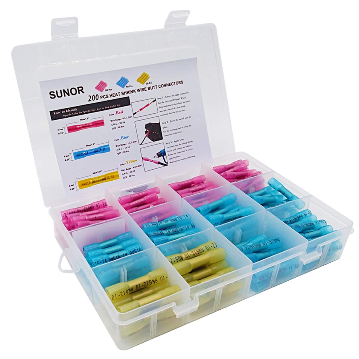 SUNOR 200tlg Quetschverbinder Set - Wasserdichte Kabelverbinder 22-10 AWG