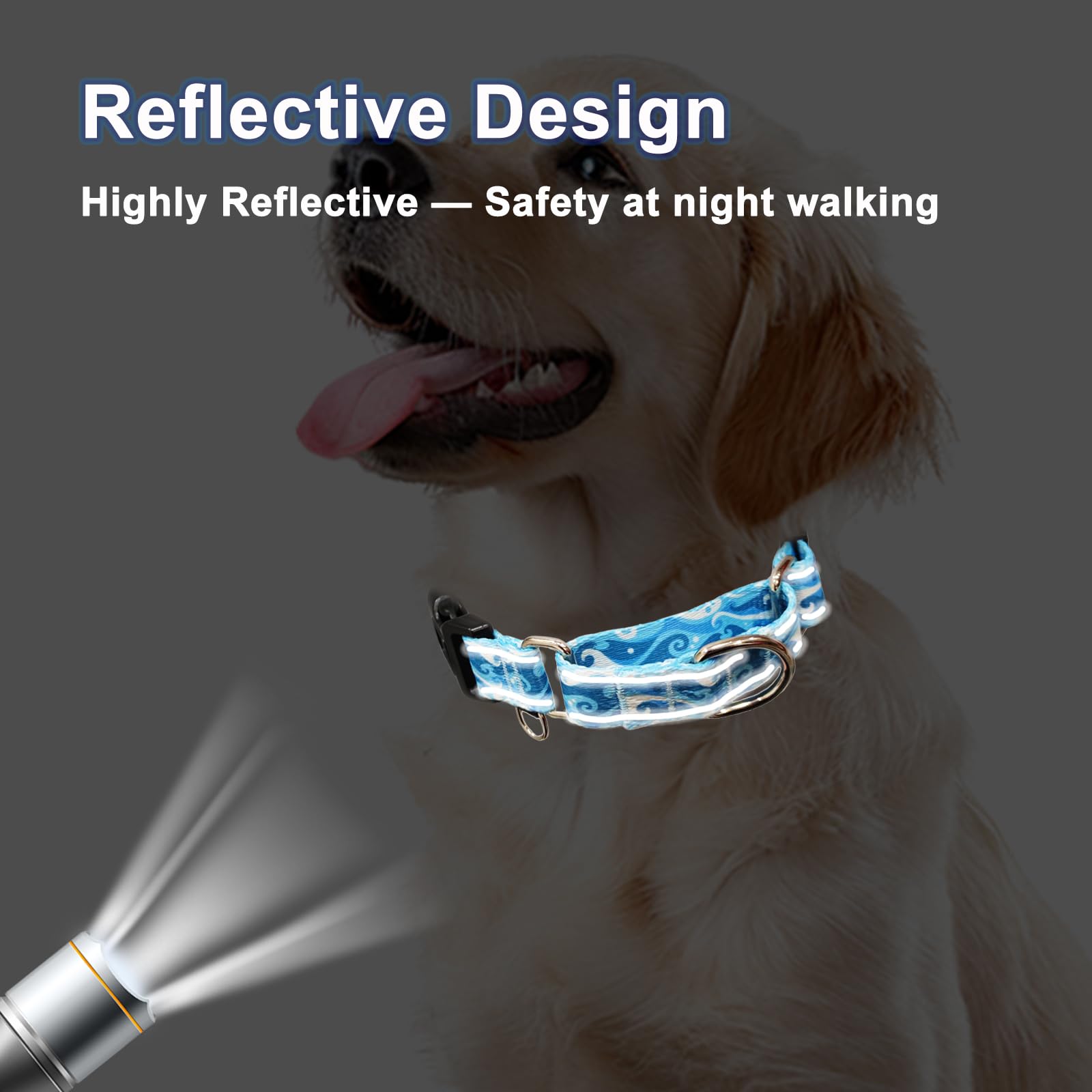Collar reflectante de martingala con hebilla de liberación rápida, antitirones, ajustable, para perros (ondas azules, S)