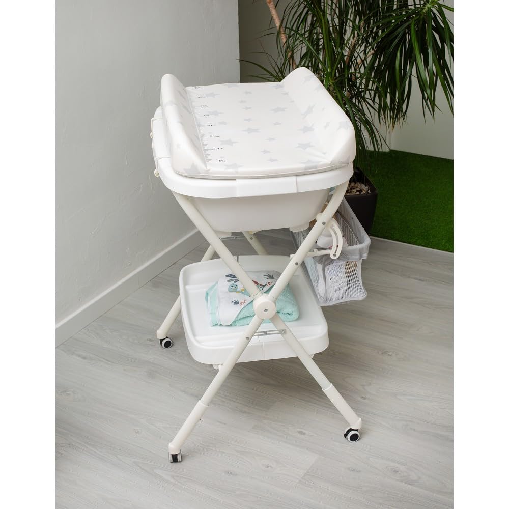 Interbaby Bañera Bebé Cambiador Plegable Patas, Ruedas, Hamaca (Dino) | Bañera con cambiador 2 en 1, hamaca anatómica extraíble, patas antideslizantes, altura ergonómica, portátil