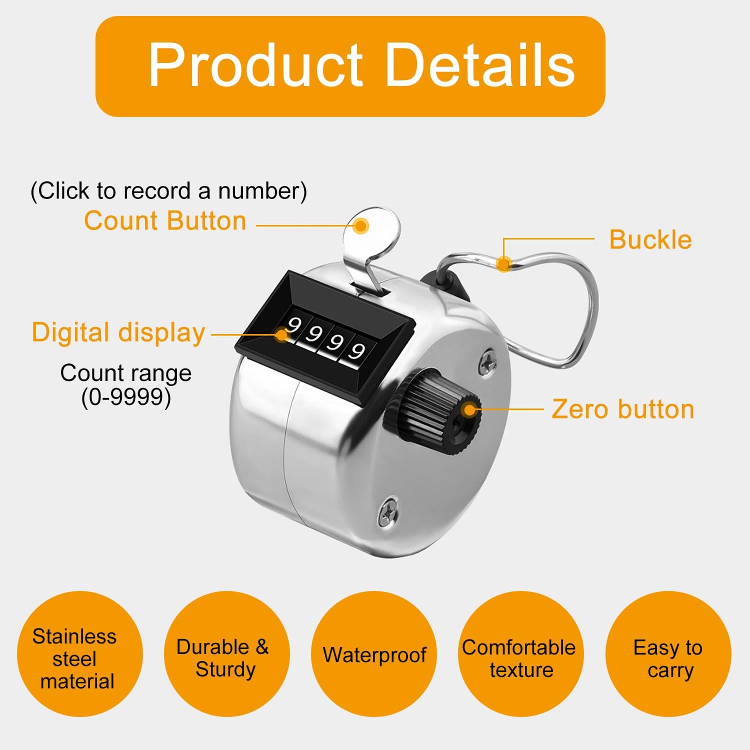 Contador Manual, Contador de clicker de 4 dígitos, Contador de Mano de Metal para Contar, Carcasa de Metal con Anillo, para Sujetar el Dedo, para Golf Sport Coach, Plateado