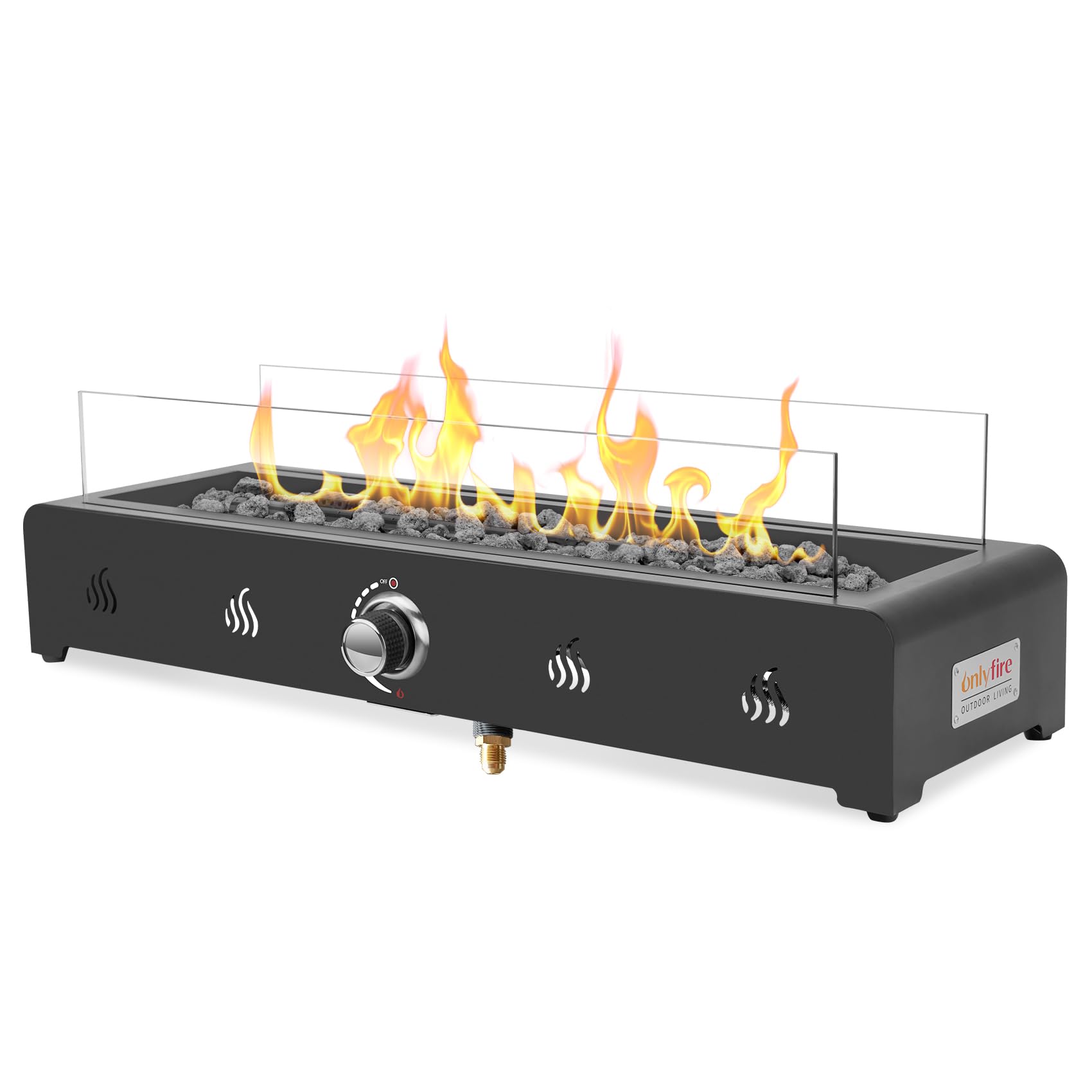Onlyfire Braciere a gas rettangolare da tavolo, 6,5 kW, riscaldatore a gas per esterni con rocce laviche e protezione antivento in vetro, braciere a propano per patio, cortile ed esterni, montato sul