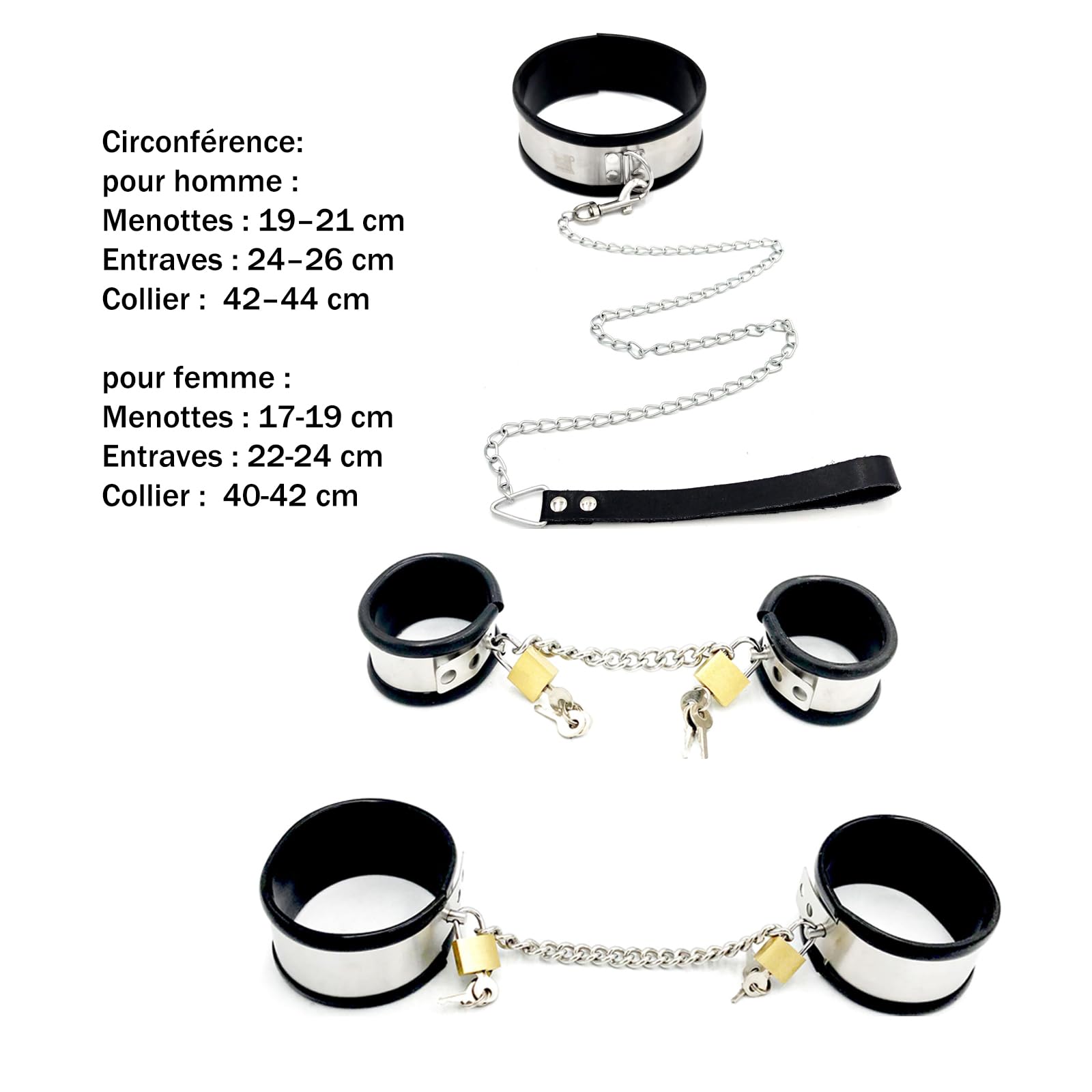 Kit BDSM féminin menottes entraves et collier acier inoxydable et silicone