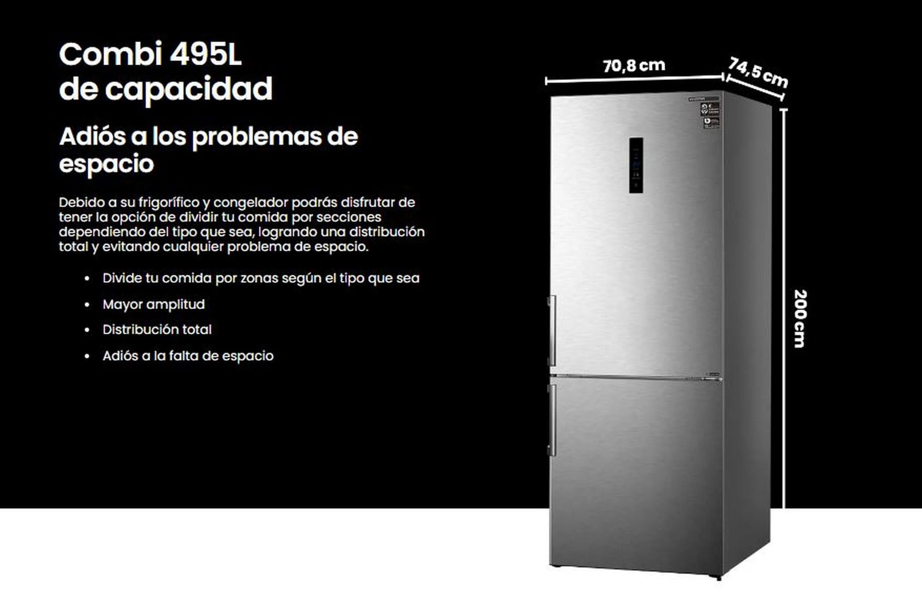 INFINITON | Frigorifico FGC-469WC20XEM | 200 cm de Altura| Clase E| 495 Litros| Ancho 70 cm | Acero inoxidable