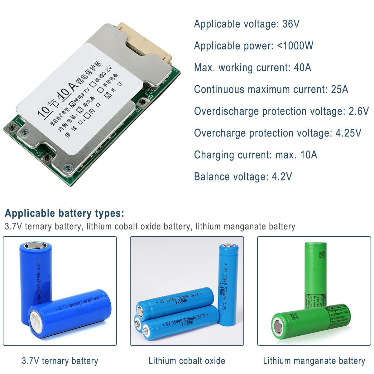 Płytka ochronna akumulatora litowego 10S 36V 30A Li-Ion, moduł BMS PCB z funkcją ochrony przed przeładowaniem/przeciążeniem/prądem przetężeniowym/zwarciem, płyta równoważąca