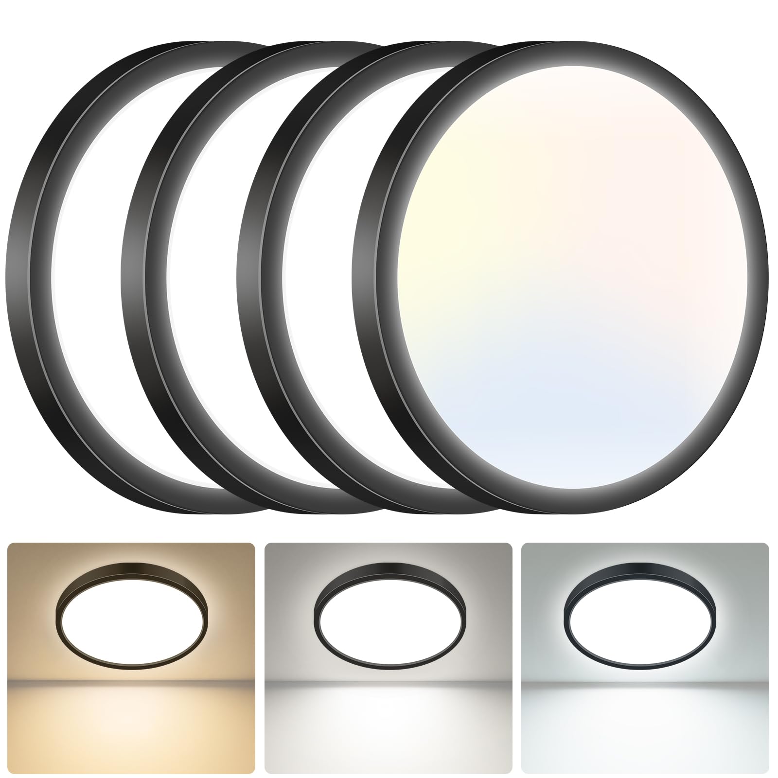hepside LED Ceiling Light,3000K/4000K/6500K 3 Color Temperature, Waterproof IP54 LED Ceiling Lamp, Modern,Round Flush Ceiling Light for Bathroom, Living Room,Bedroom, Kitchen, Hallway, Office 4 Pack