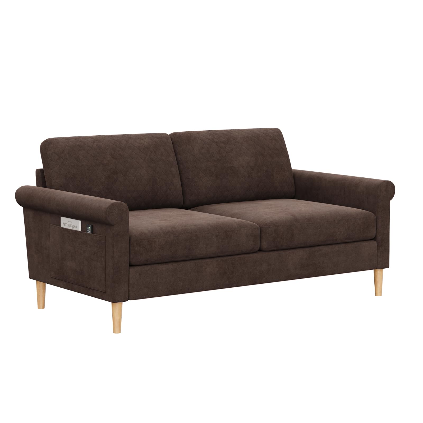 Vesgantti Fabric 2 Seater Sofa, 164cm Loveseat Sofa with Bilateral Pocket Storage, Upholstered Couch Perfect for Living Room, Bedroom, Office, Small Space, Tool-free Assembly, 164L*76D*85Hcm, Brown