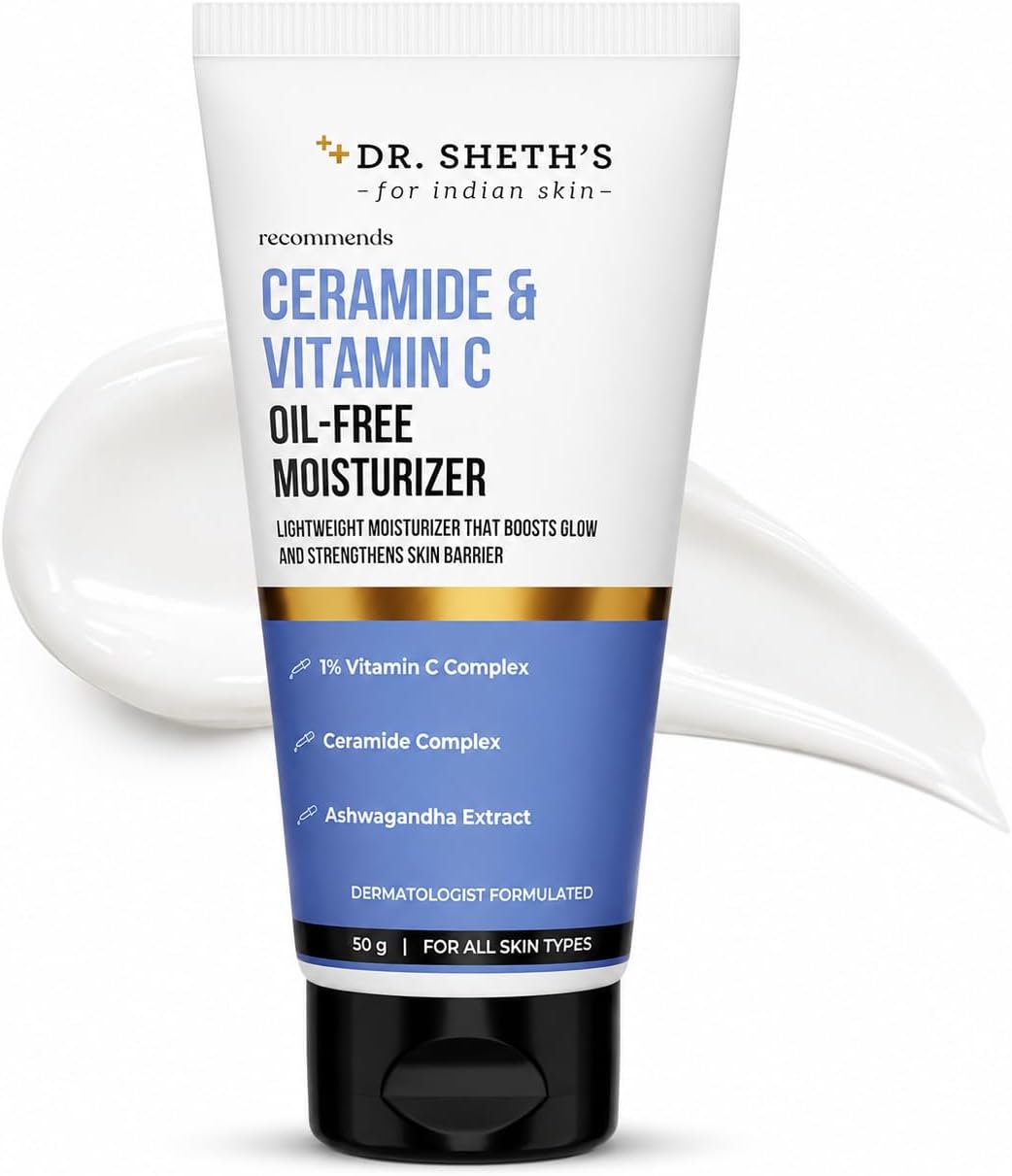 Dr. Sheth's Ceramide & Vitamin C Oil-Free Face Moisturizer for Oily | Combination & Acne prone skin | Repairs Damaged Skin Barrier | Hydrates & Brighten | lightweight formula | 50 g