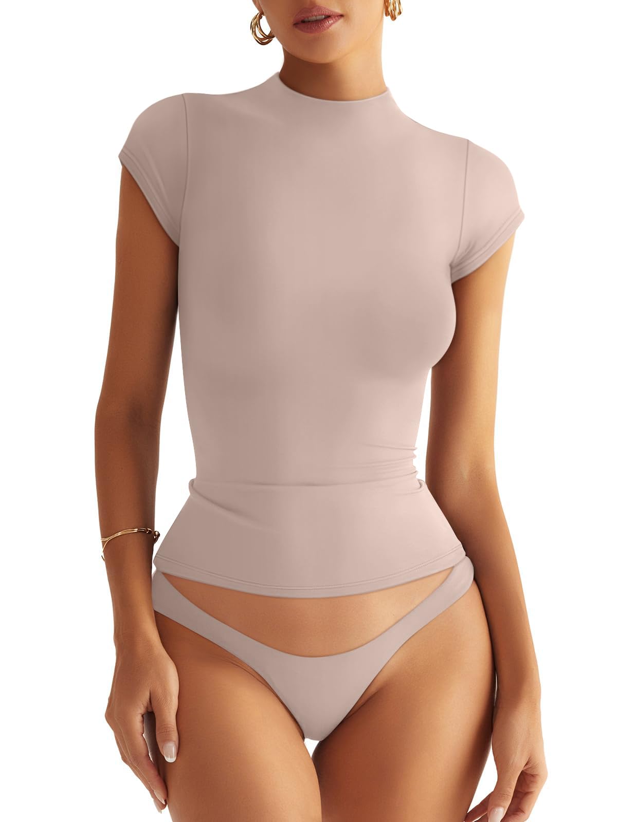 EasyGala Womens Double Lined Mock Turtle Neck Tops Slim Fitted Cap Sleeve Shirts Going Out Tees Y2k Summer Clothes 2025