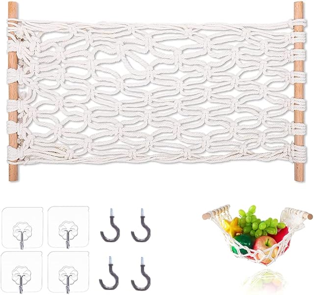 WDDY Macrame Fruit Hammock, Fruit Hammock for Kitchen, Vegetable Fruit Hammock, Macrame Hanging Fruit Basket, Hanging Fruit Hammock, for Kitchen Storage Counter Space Saving, White