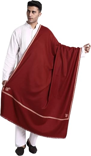Zamour Kashmiri Woolen Shawl for Men with Kingri Embroidery, Pashmina Faux Wool Lohi Shawls for Winter