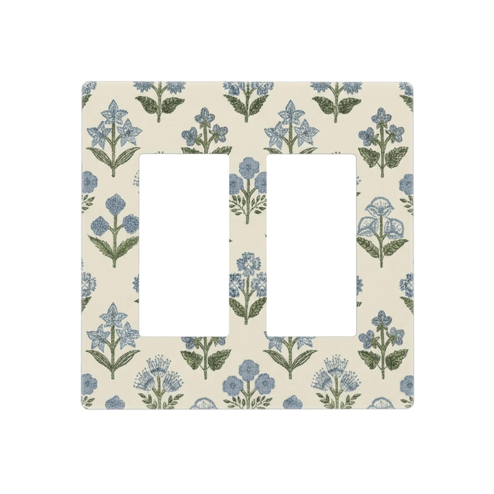 Beige Vintage Blue Floral Boho Flower Decorative 2 Gang Double GFCI Decorator Rocker Light Switch Cover Outlet Wall Plate Electrical Faceplate Screwless
