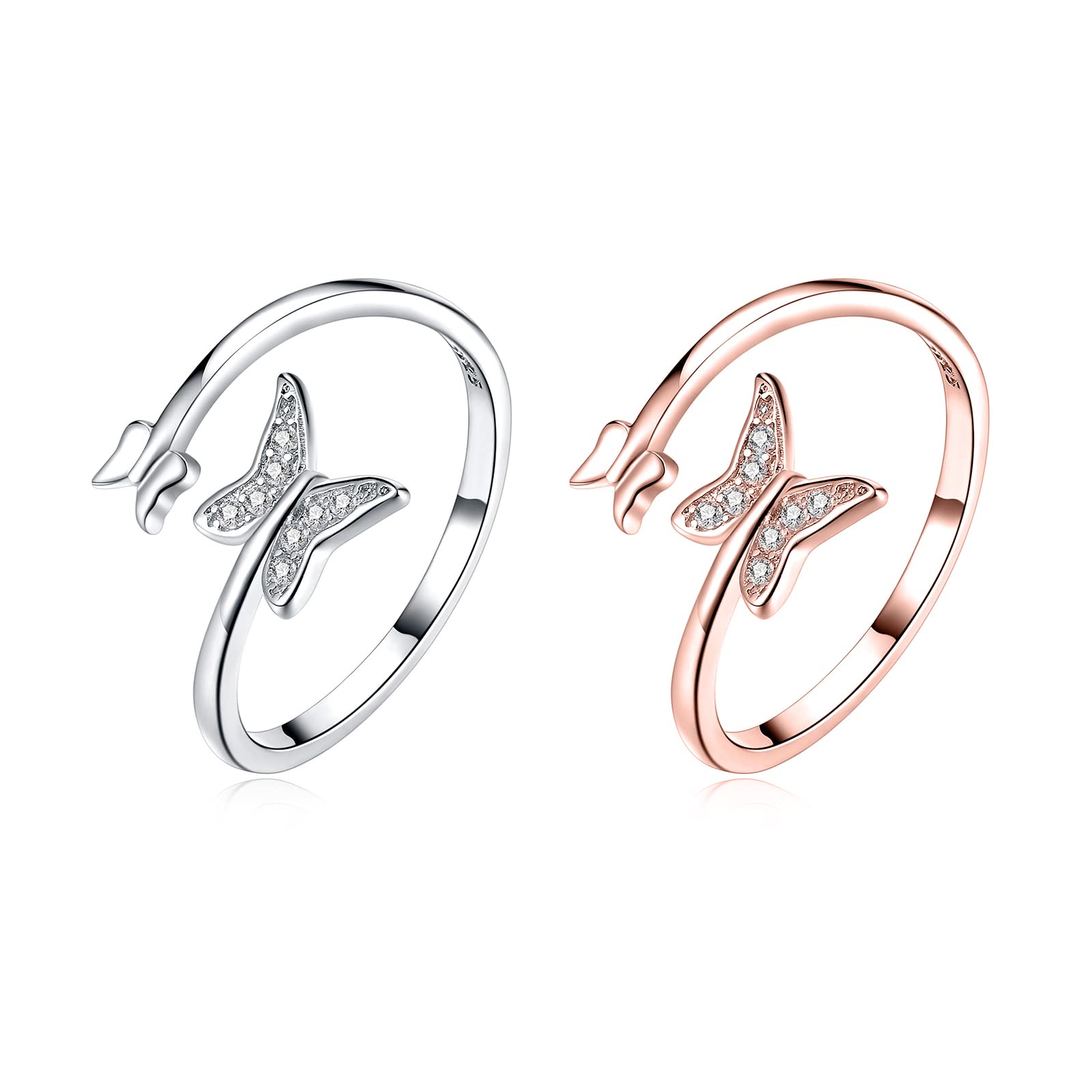WWWL 2 Pcs Ring for Women with CZ Crystal & Butterflies, Adjustable Open Finger Rings for Girls (Gold&Silver)