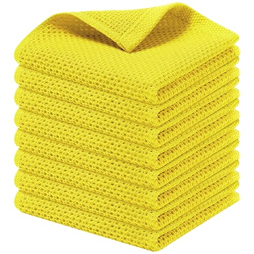 Kitinjoy 100% Cotton Kitchen Dish Cloths, 8 Pack Waffle Weave Ultra Soft Absorbent Dish Towels for Drying Dishes Quick Drying Kitchen Towels Dish Rags, 12 X 12 Inches, Yellow
