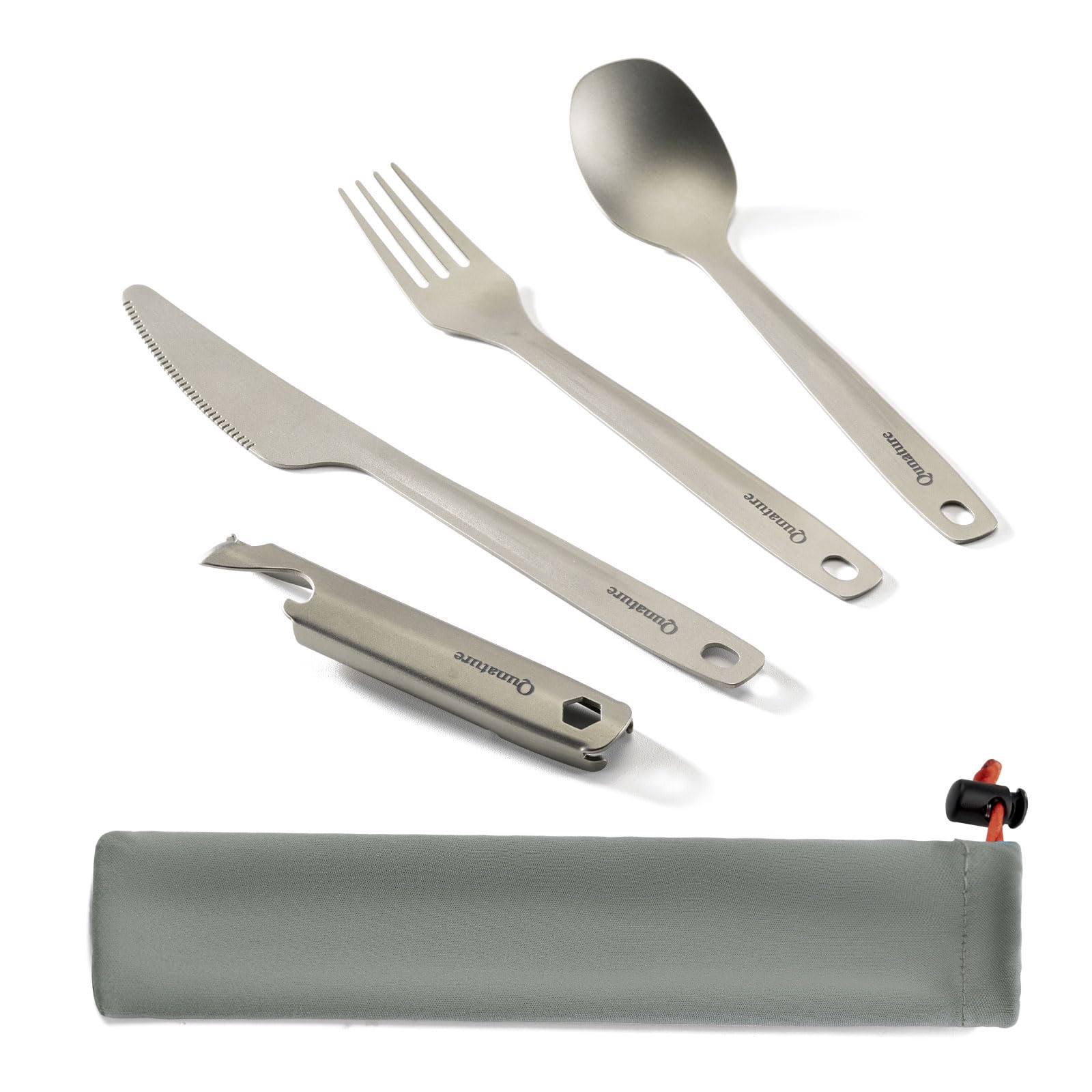 4 Pezzi Posate da Campeggio, Set Posate da Viaggio Antiruggine in Titanio con Custodia, Portatile e Leggero, Cucchiaio Forchetta Coltello e Apribottiglie per Trekking, Picnic
