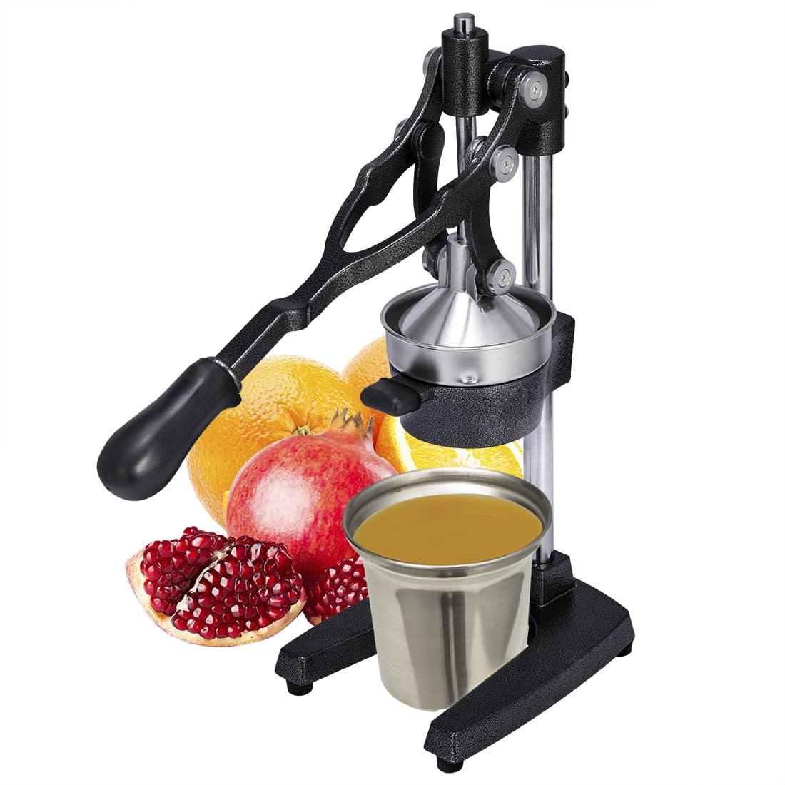 19 Inch Height Extra Tall Commercial Heavy Duty Cast Iron Hand Press Manual Orange Citrus Lemon Lime Grapefruit Pomegranate Fruit Juice Squeezer Machine with Stainless Steel Cup Black