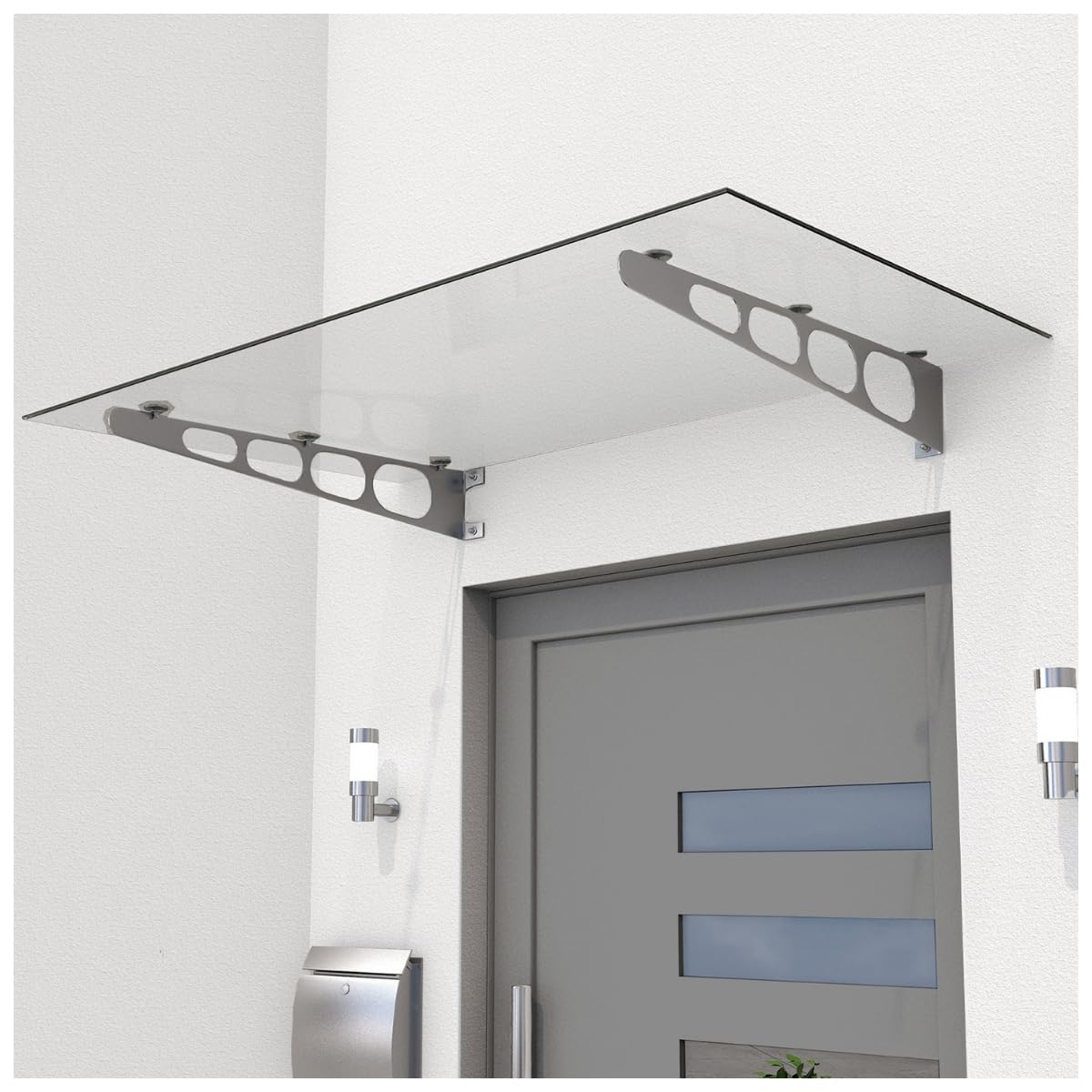 HORI stilvolles Vordach für Haustür - Sicherheitsglas mit Edelstahl Rahmen - wetterfeste Überdachung für Eingangstür - mit UV-Schutz & Regenschutz - pflegeleicht & langlebig - 140 x 90 x 16 cm