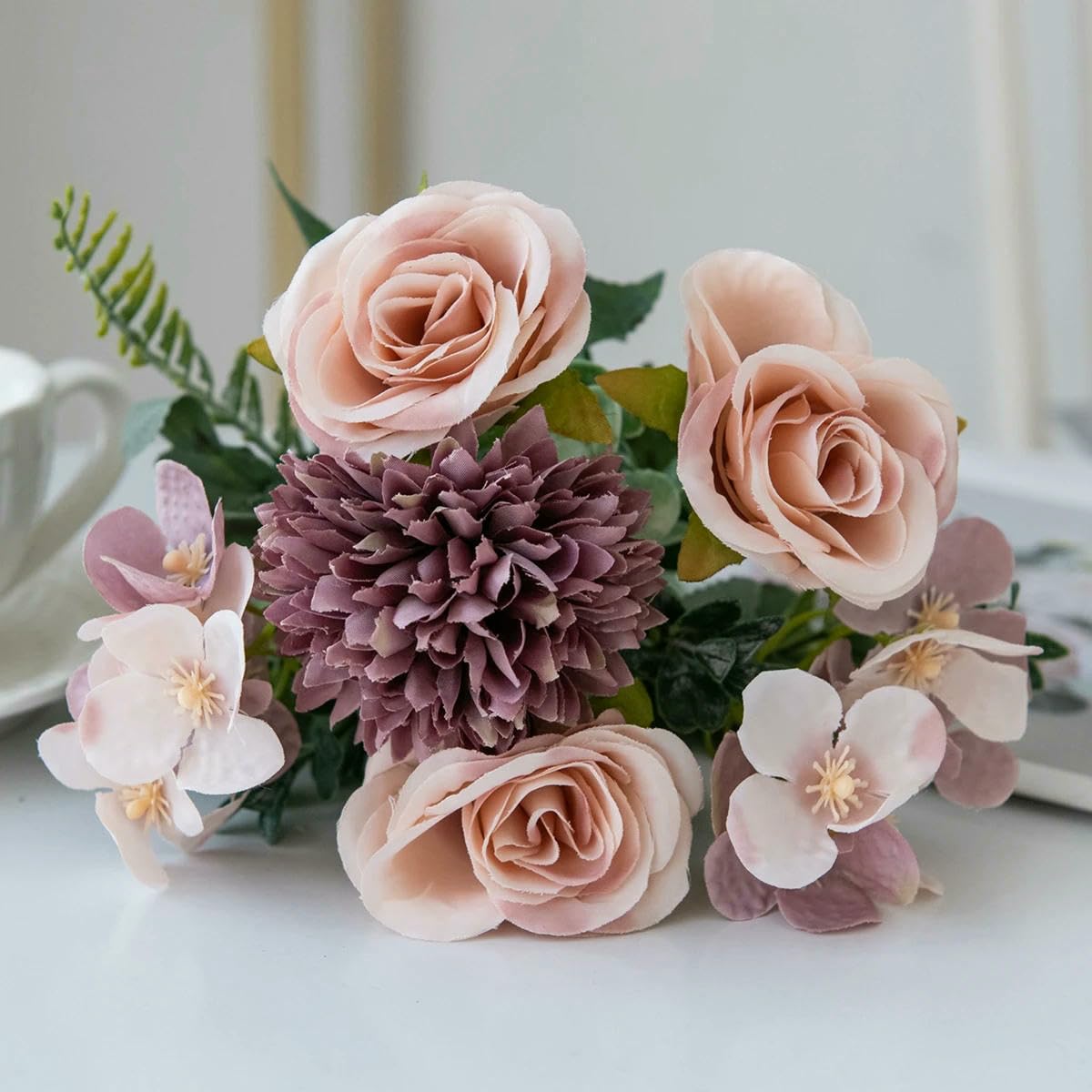 Ayhtud Plum Artificial Flowers Retro Silk Rose Bouquet Hydrangea Peony Vintage Bride Holding Fake Plants Home Wedding Decoration Accessories