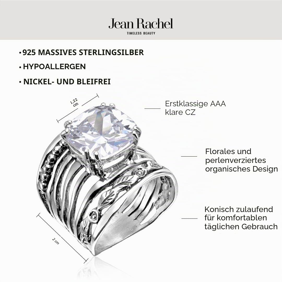 JEAN RACHEL JEWELRY 925 Sterling Silber Ring Damen mit 12 mm Kissen-Zirkonia, Vintage Design, hypoallergen, nickelfrei, bleifrei, handgefertigt Statement Schmuck