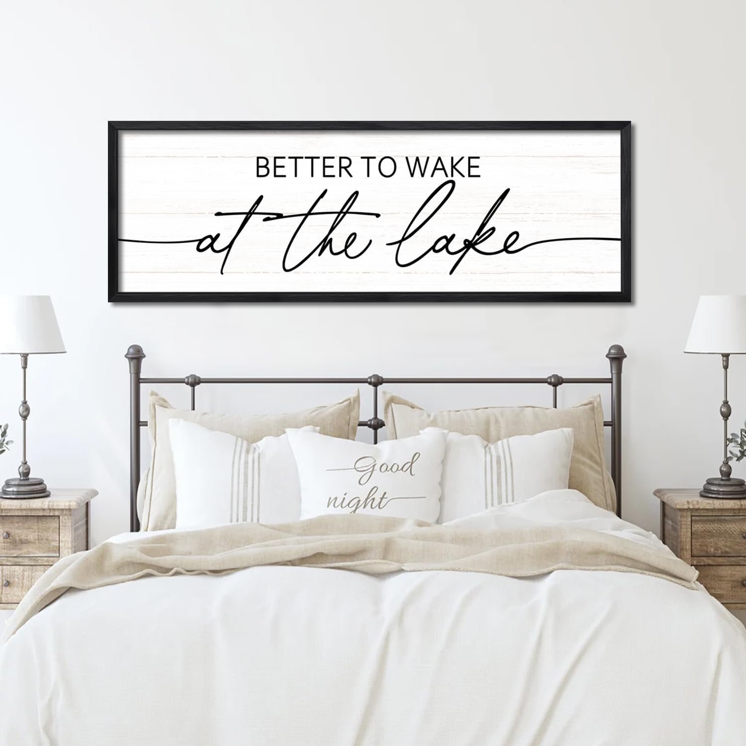 Better To Wake At The Lake Wall Decor, 40x15 Inch Framed Lakeside Quote Sign Lake Cabin Decor, Farmhouse Lakehouse Gift Ideas for Beach House Cottage Bedroom Home (Black)
