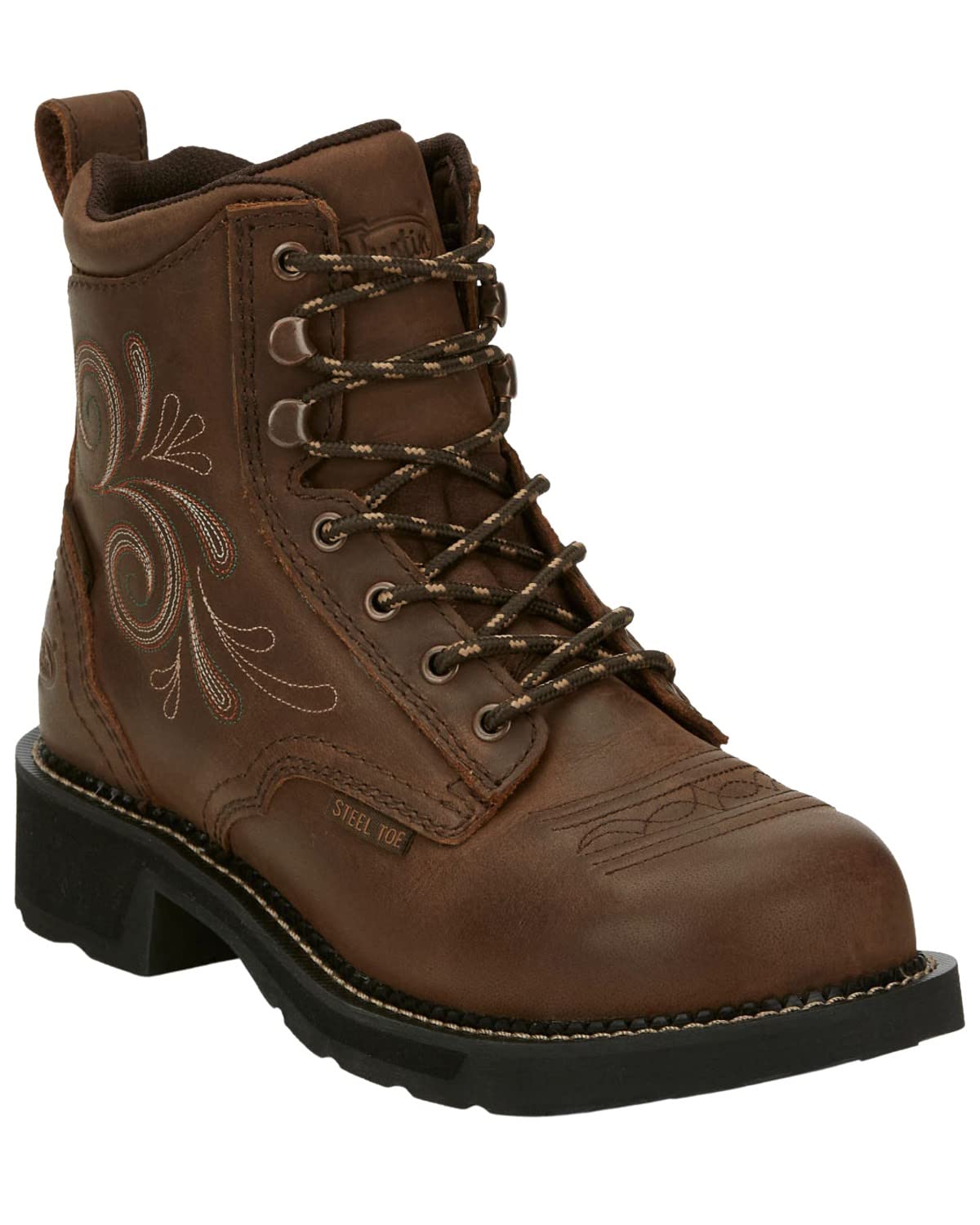 Justin Katerina 6" Steel Toe Waterproof Work Boot - Women's Lace-Up, Floral Stitch, J-Flex Comfort, Durable Leather Exterior