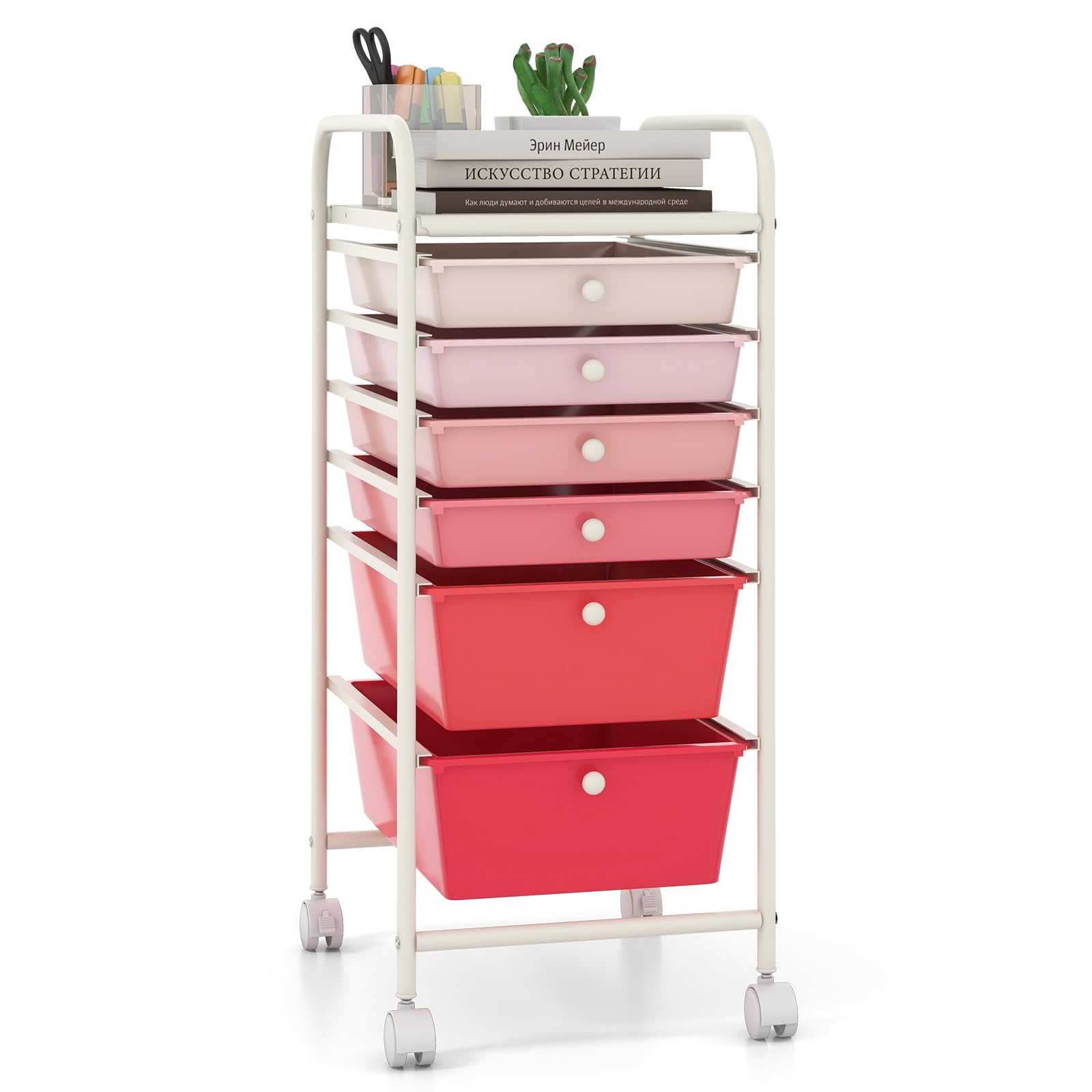 COSTWAY 6 Drawers Rolling Storage Cart, Home Office Stationary Utility Trolley with 4 Wheels, Multipurpose Mobile Organiser Shelving Unit for Makeup Beauty Salon (Gradient Pink) — image 1