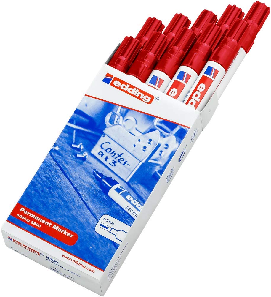 edding 3300 permanent markör - kırmızı - 10 kalem - 1-5 mm kesik uçlu