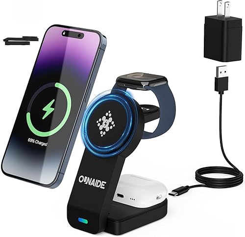 Miniatura 10 de Cargador inalámbrico magnético para Apple MagSafe, estación de carga inalámbrica 3 en 1 para Apple Watch y iPhone, soporte de cargador plegable